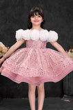 Blush Pink Sequin Party Wear Frock with 3D Floral Neckline For Girls