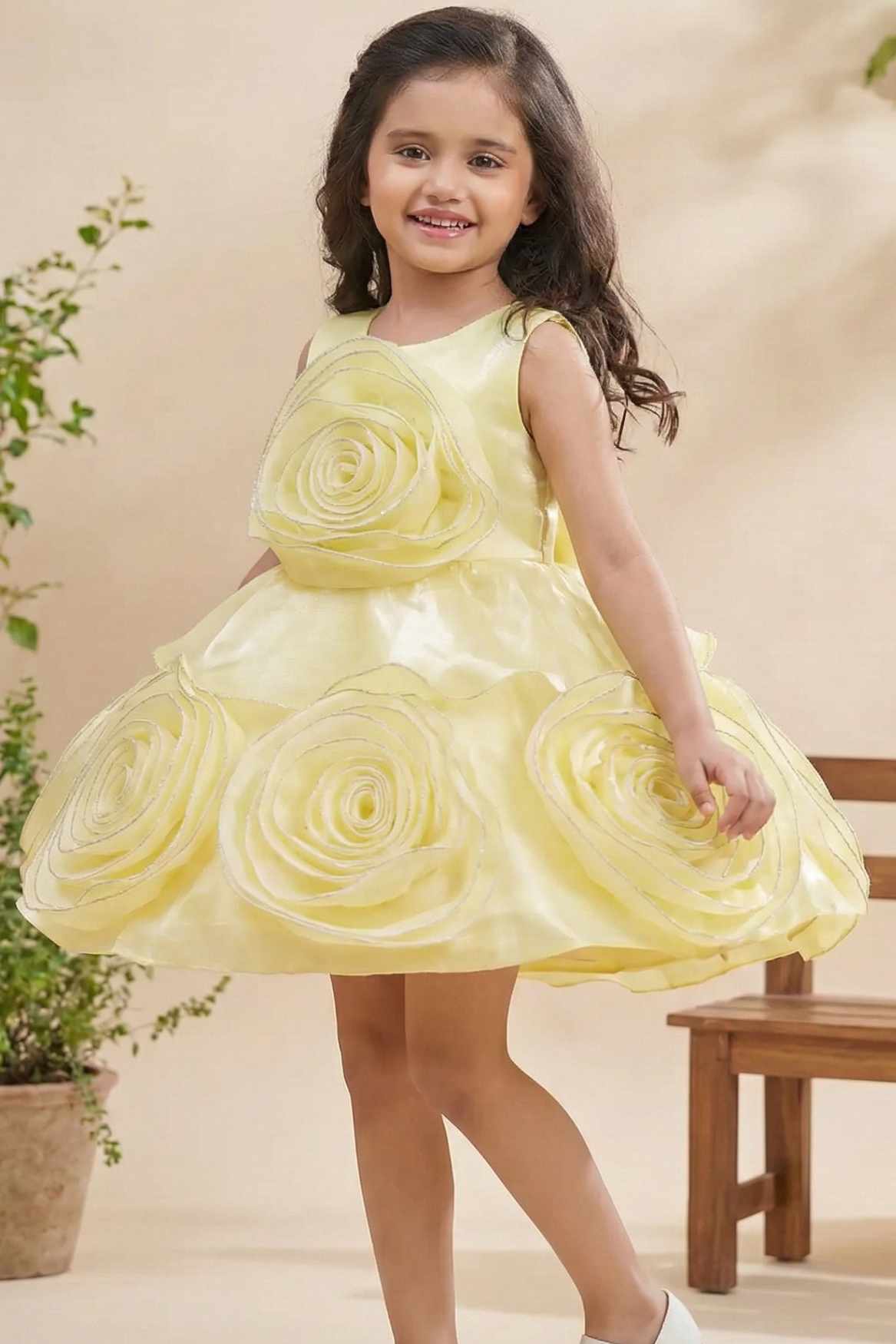 Blooming Princess Yellow Rosette Embellished Party Frock For Girls