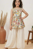 Cream Palazzo Set With Embroidered Multicolor Peplum Top For Girls