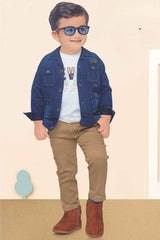 Blue Denim Shirt And Brown Pant With T Shirt Set For Boys