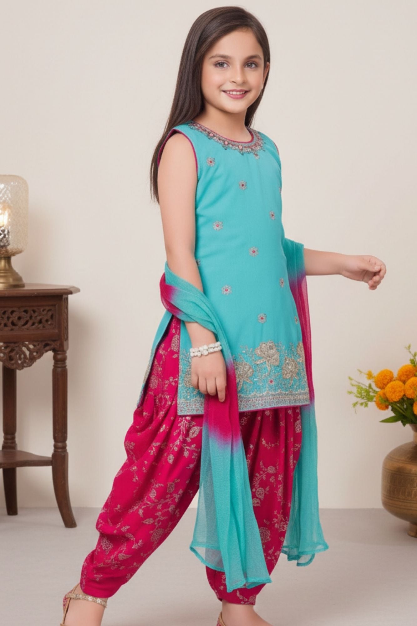Blue And Pink Embroidered Patiala Suit Set With Dupatta For Girls
