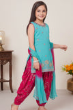 Blue And Pink Embroidered Patiala Suit Set With Dupatta For Girls