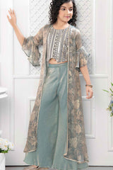 Grey Embroidered And Sequin Work Top With Palazzo Set For Girls