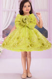 Mustard Green Glitter Party Frock with 3D Floral Bow For Girls