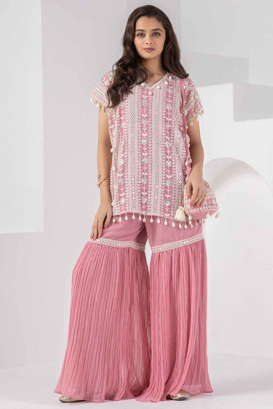 Pink Embroidered And Mirror Work Top With Sharara Set For Girls