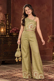 Girls Green One-Shoulder Bead And Sequin Embroidered Palazzo Set