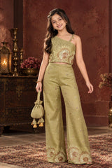 Girls Green One-Shoulder Bead And Sequin Embroidered Palazzo Set