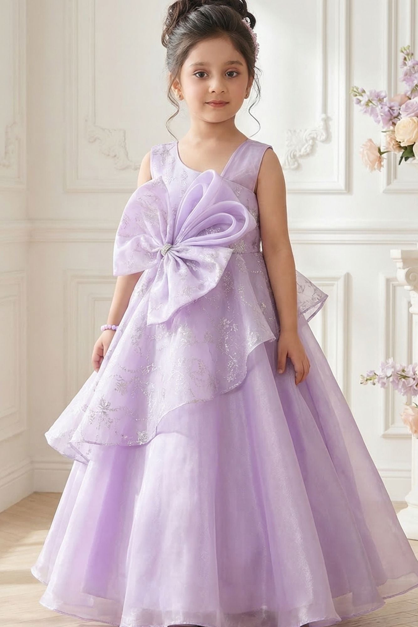 Girls Lavender Layered Party Wear Gown with Statement Bow
