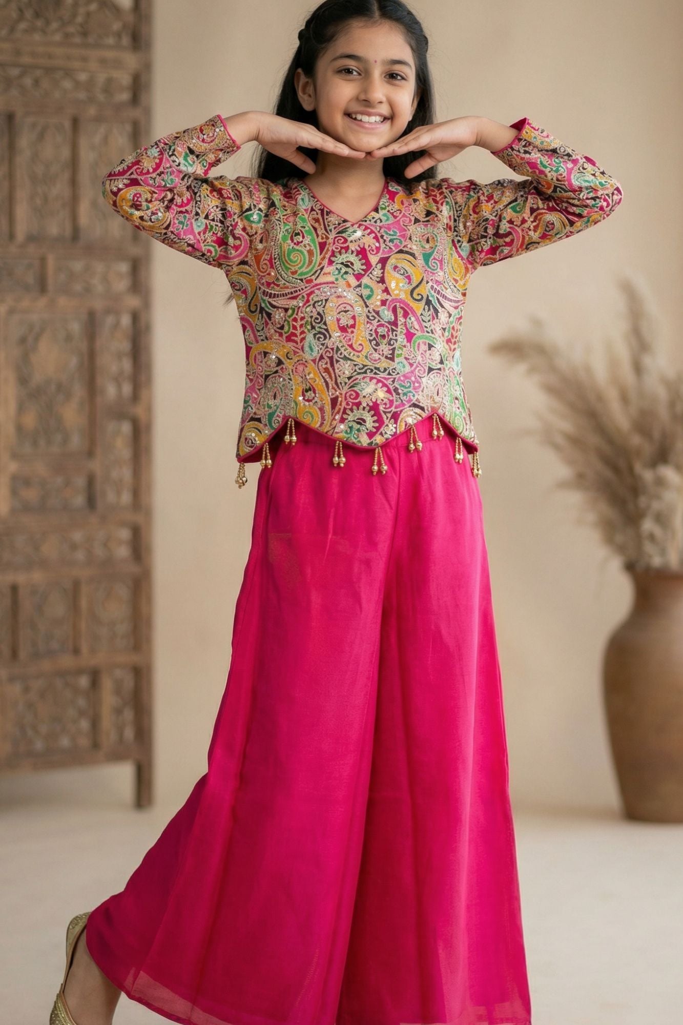 Rani Pink Palazzo Set with Multicolor Paisley Embroidered Top For Girls