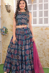 Blue Sequin And Embroidered Lehenga Choli Set For Girls