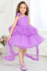 Purple Tailback Frock With Floral Embellished For Girls