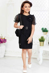 Black Dress With Floral Embellished And Sling Bag For Girls