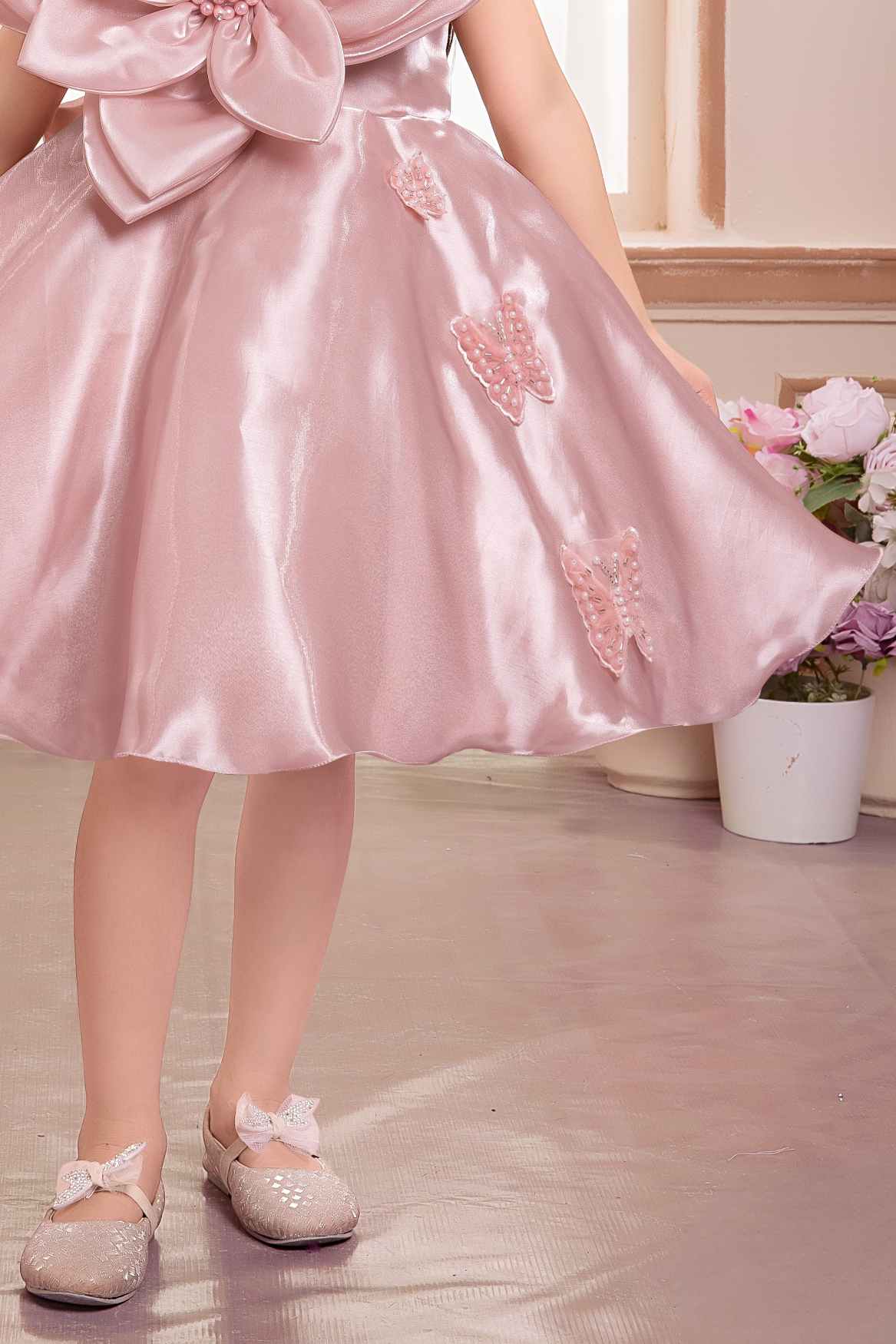 Elegant Peach Floral And Butterfly Embellished Frock For Girls