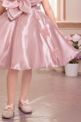 Elegant Peach Floral And Butterfly Embellished Frock For Girls