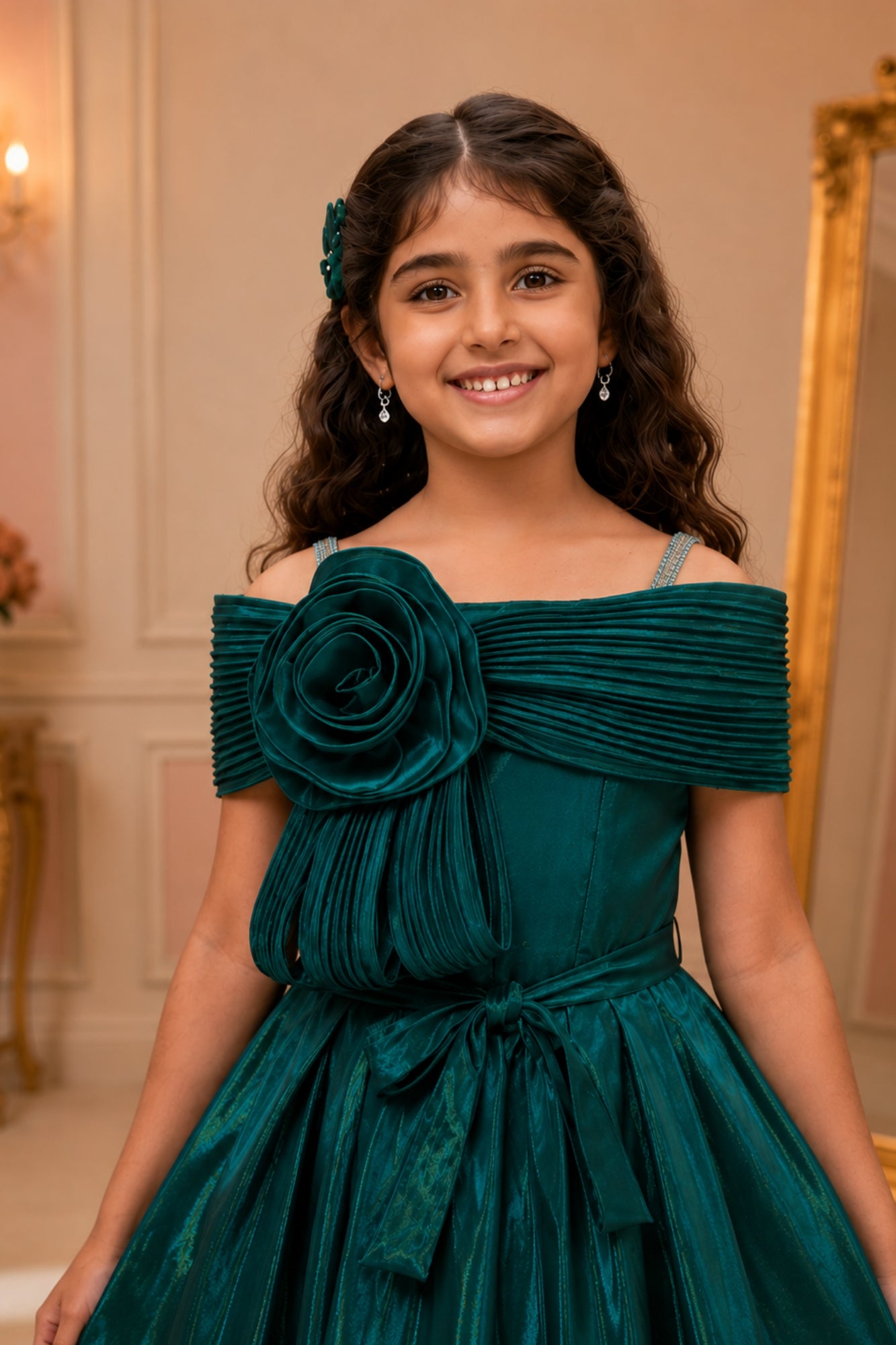 Teal Green Off-Shoulder Pleated Bow Party Gown For Girls