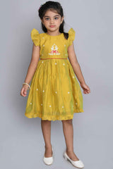 Mustard Frill Sleeves Chanderi Silk Printed Frock For Girls