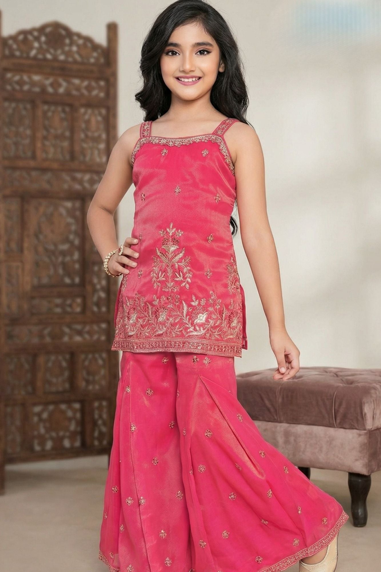 Rani Pink Embroidered Top And Flared Sharara Set For Girls