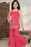 Rani Pink Embroidered Top And Flared Sharara Set For Girls