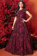 Elegant Maroon Sequined Partywear Gown For Girls