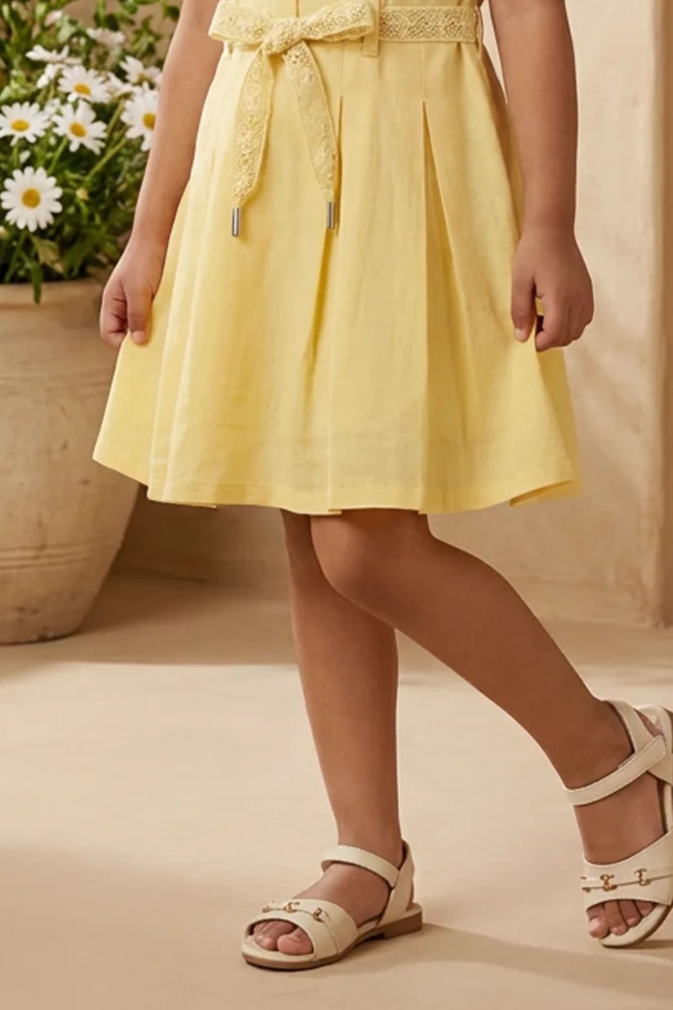 Girls Yellow Embroidered Fit And Flare Casual Dress with Waist Tie Belt