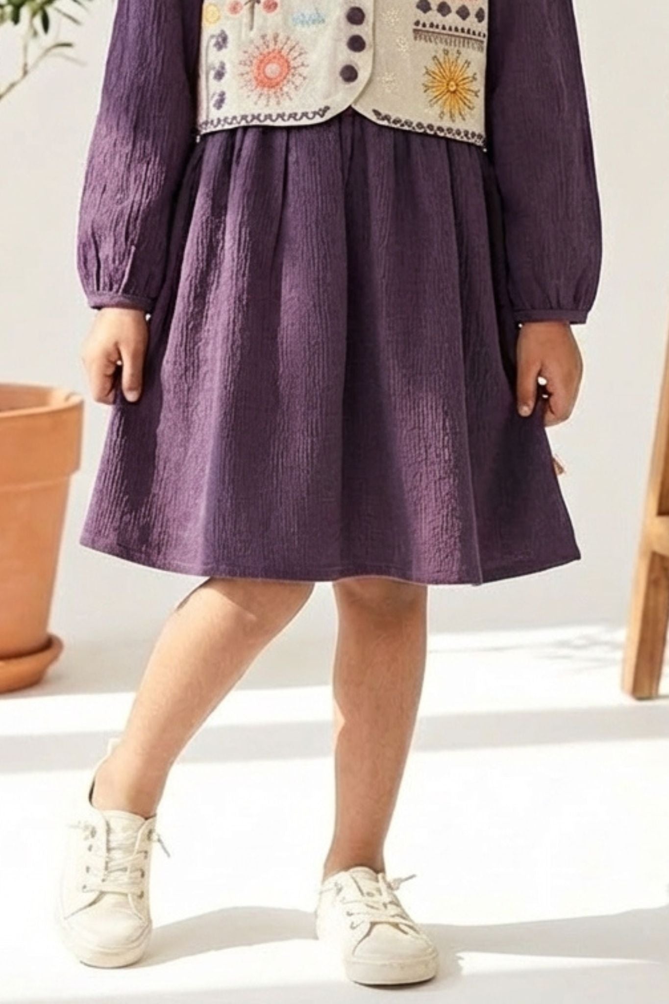 Violet Dress with Embroidered Beige Vest For Girls