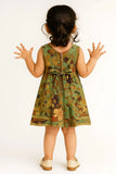 Green Multicolor Pleated Sequins Embroidered Floral Dress For Girls