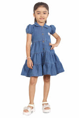 Classic Blue Denim Casual Dress For Girls