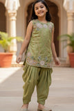 Olive Green Embroidered Patiala Suit For Girls