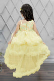 Lemon Yellow Tailback Frock With Floral Embellishment For Girls