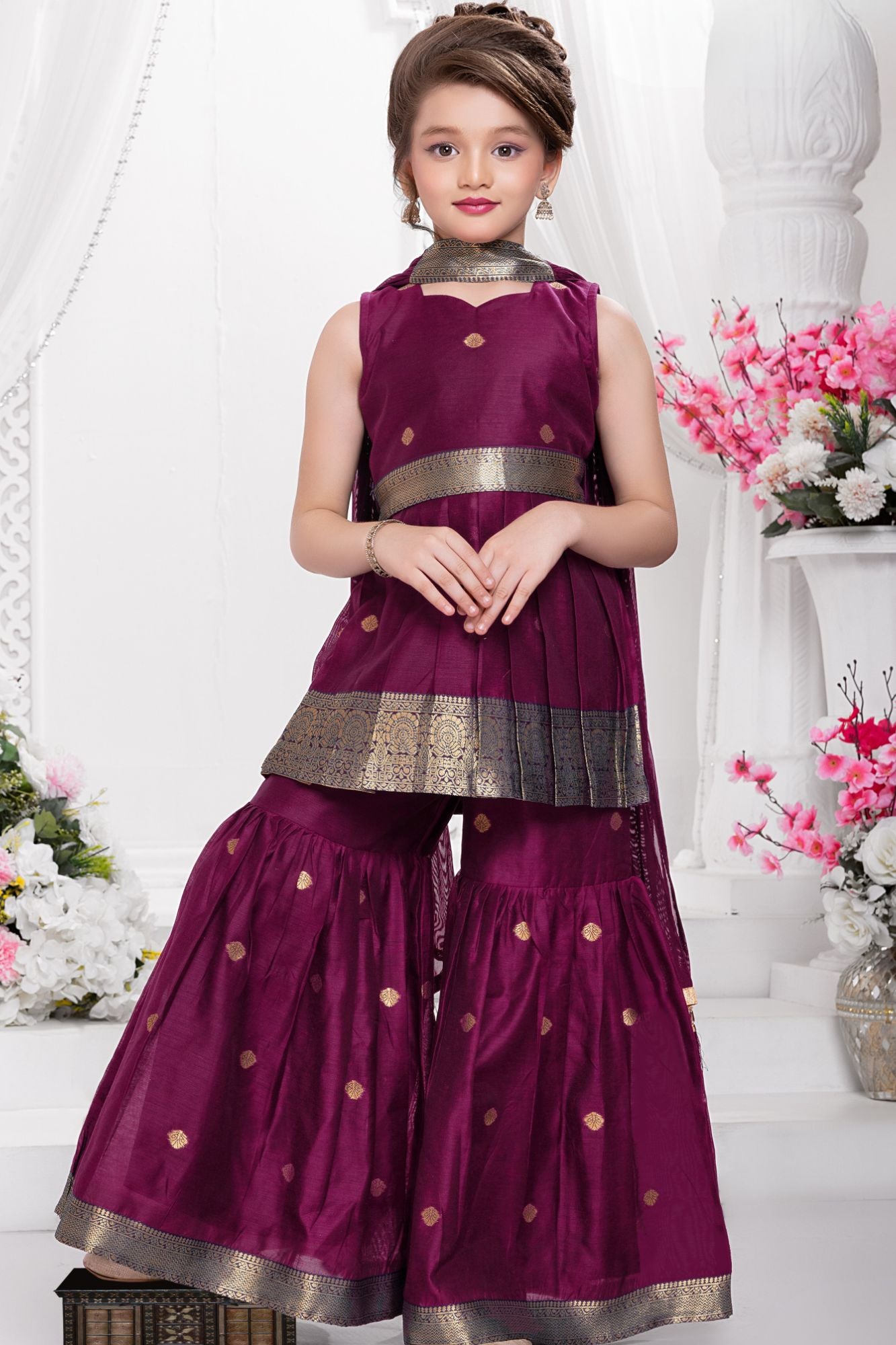 Wine Zari Woven Palazzo Set with Dupatta for Girls