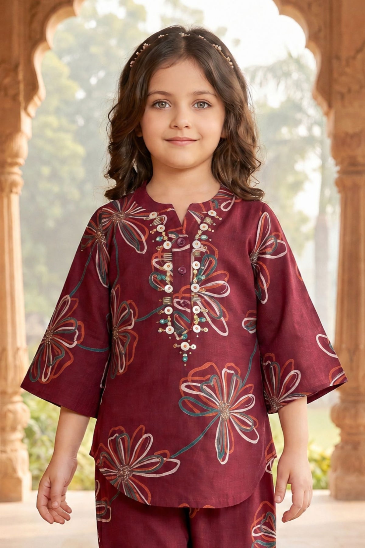 Maroon Floral Printed With Mirror Work Placket Co-ord Set For Girls
