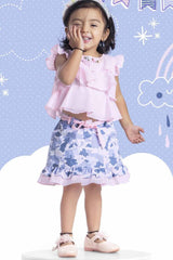 Pink Chiffon Top And Printed Skirt Set For Girls