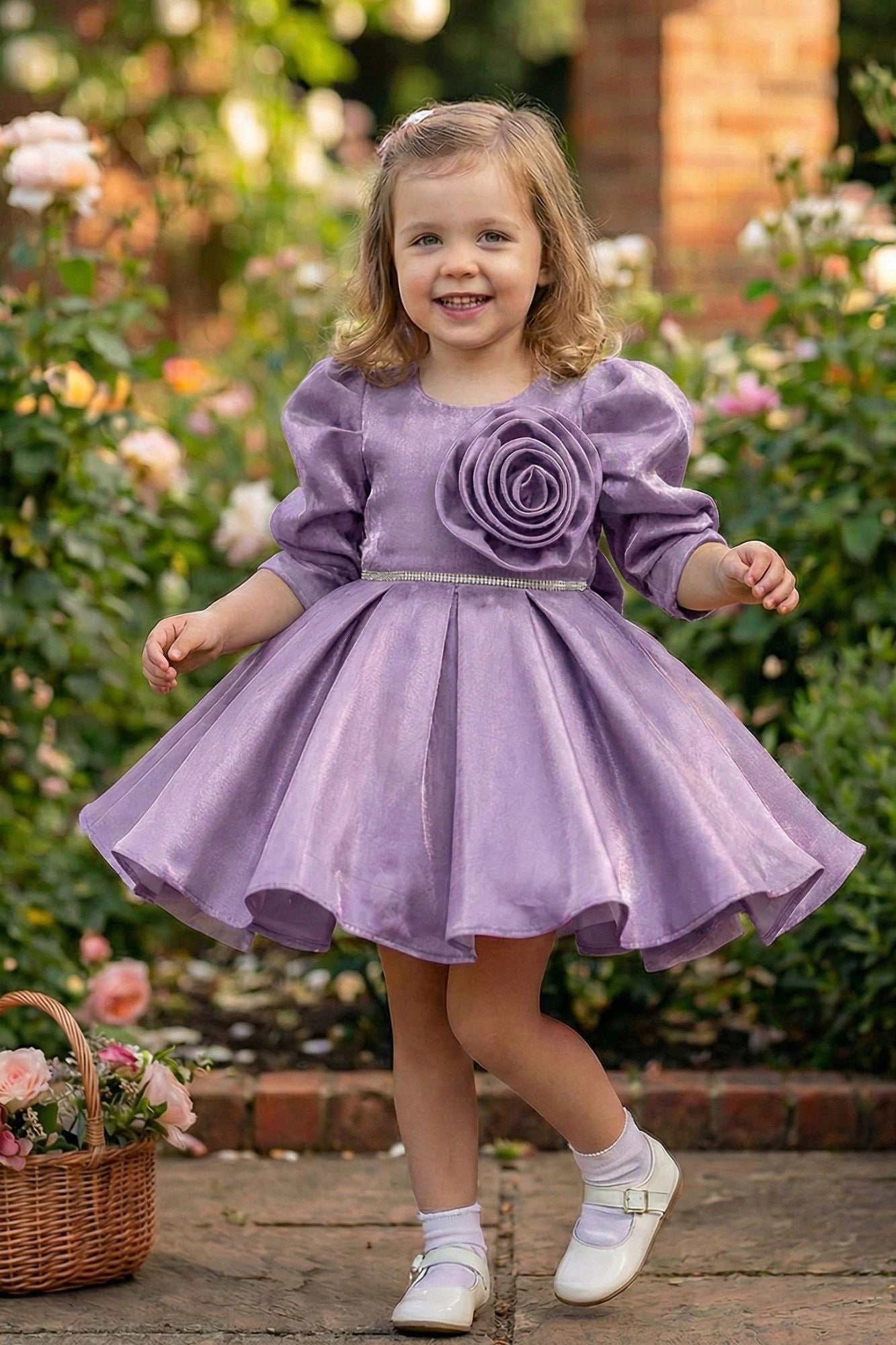 Lavender Party Wear Frock with Puffy Sleeves & Statement Rose Appliqué For Girls