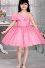 Pink Sleeveless And Bow Embellishment With Stone Worked Frock For Girls