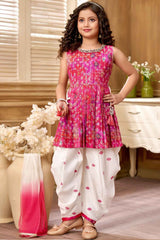 Pink Printed And Sequin Top With Dhoti Bottom Set For Girls