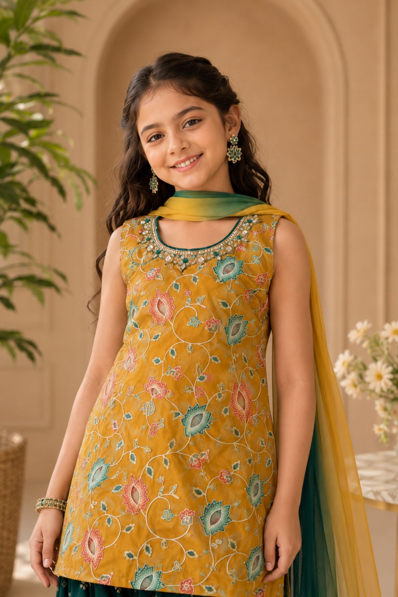 Mustard Yellow Floral Embroidered Patiala Set with Dupatta For Girls