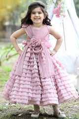 Onion Pink Sleeveless With Floral And Bow Embellished Layer Gown For Girls