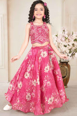 Rani Pink Embroidered Top With Floral Print Lehenga Choli Set For Girls