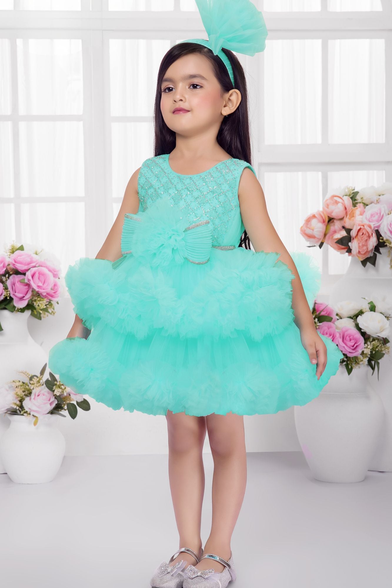 Aqua Blue Embellished Tulle Party Wear Frock for Girls