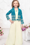Teal Blue and Cream Embroidered Wide Legged Pant Set With Jacket For Girls