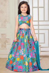 Blue Sleeveless And Mirror Work With Floral Printed Lehenga Choli Set For Girls