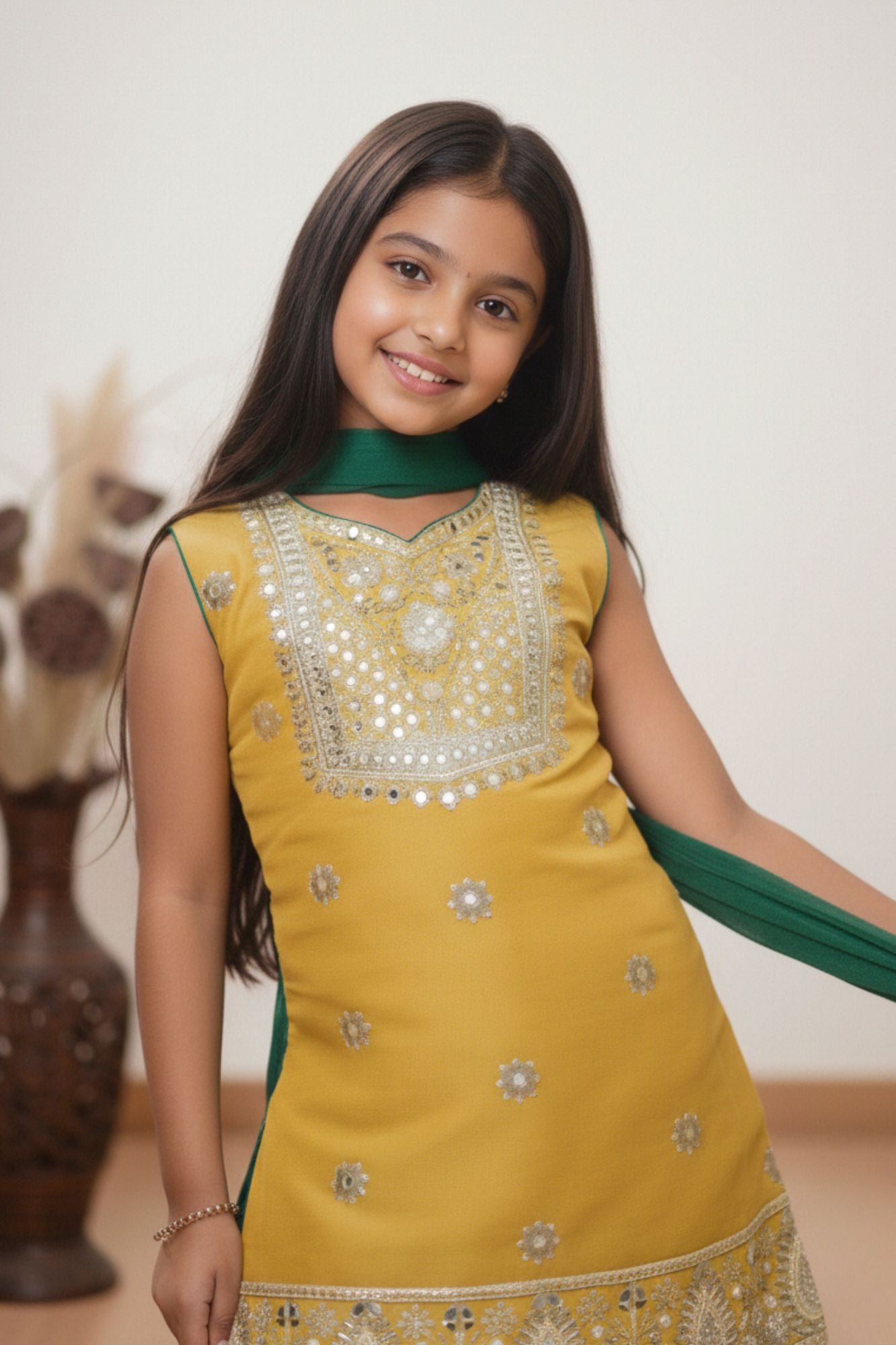 Mustard Sleeveless Kurti with Foil-Print Green Patiala And Dupatta For Girls