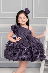 Designer Purple One Side Sleeve Frock With Floral Embellishment For Girls