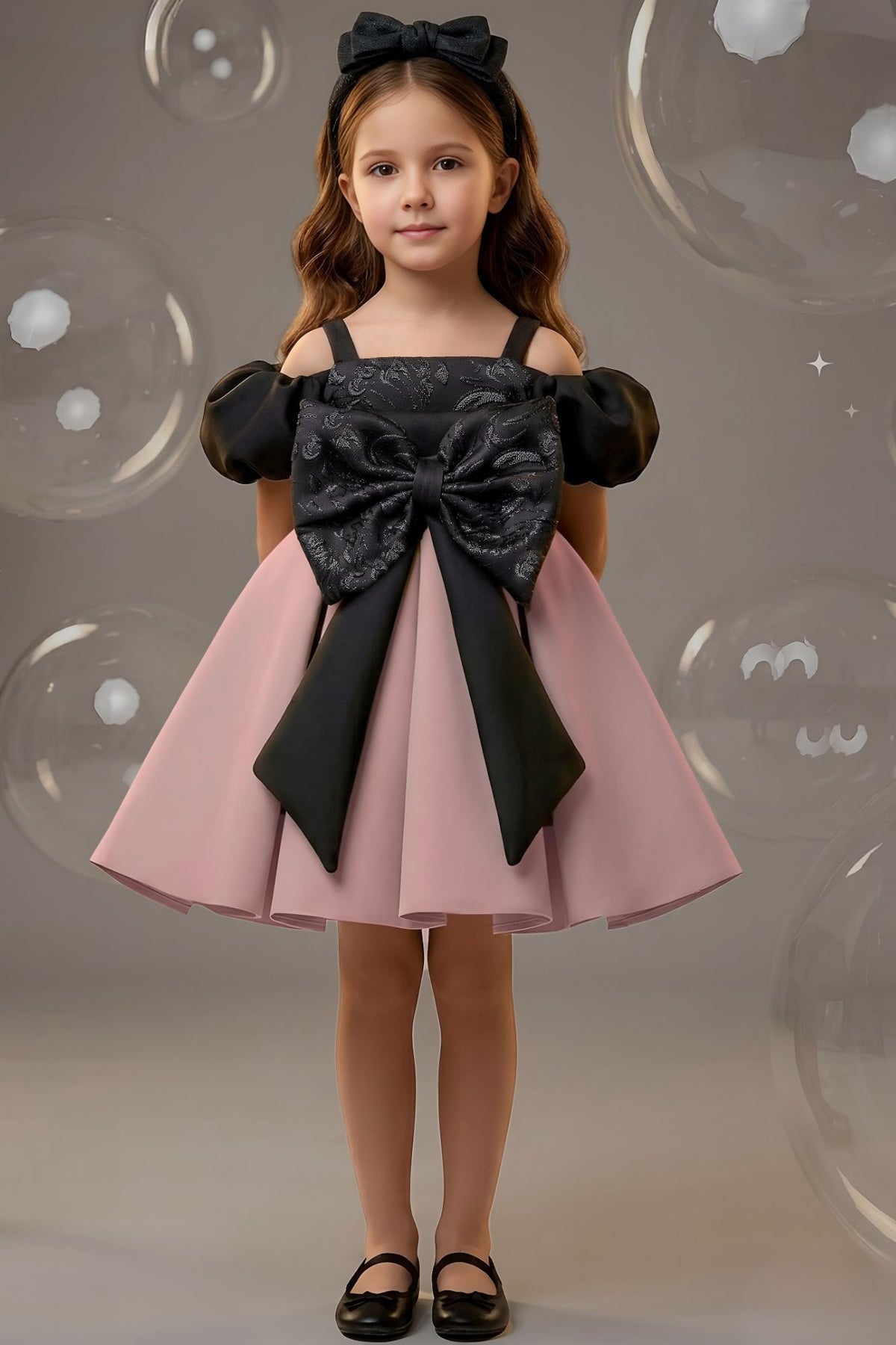 Girls Black And Dusty Pink Bow Detail Party Wear Frock