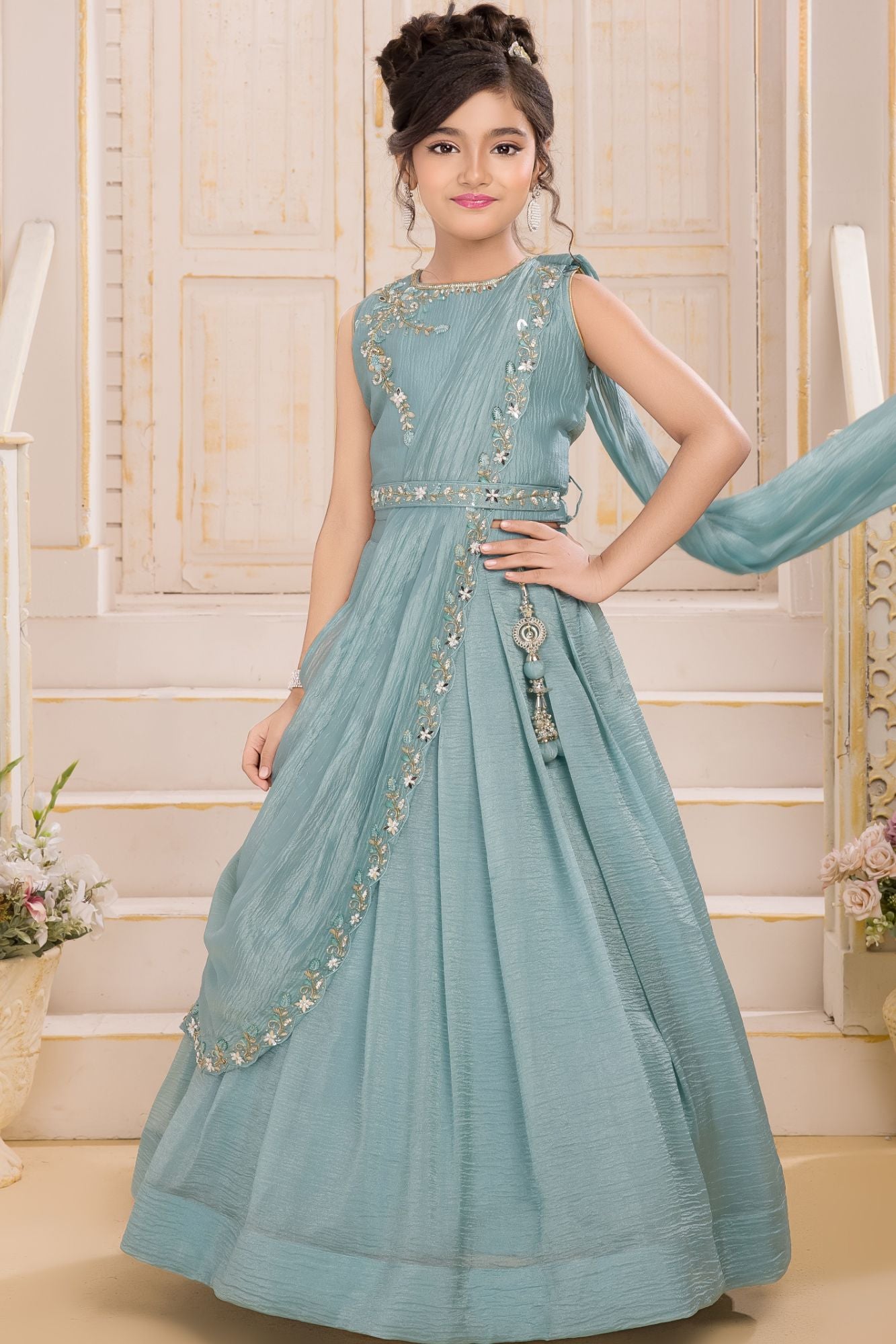 Girls Sea Green Embroidered Lehenga Choli with Draped Dupatta And Tassel Detailing