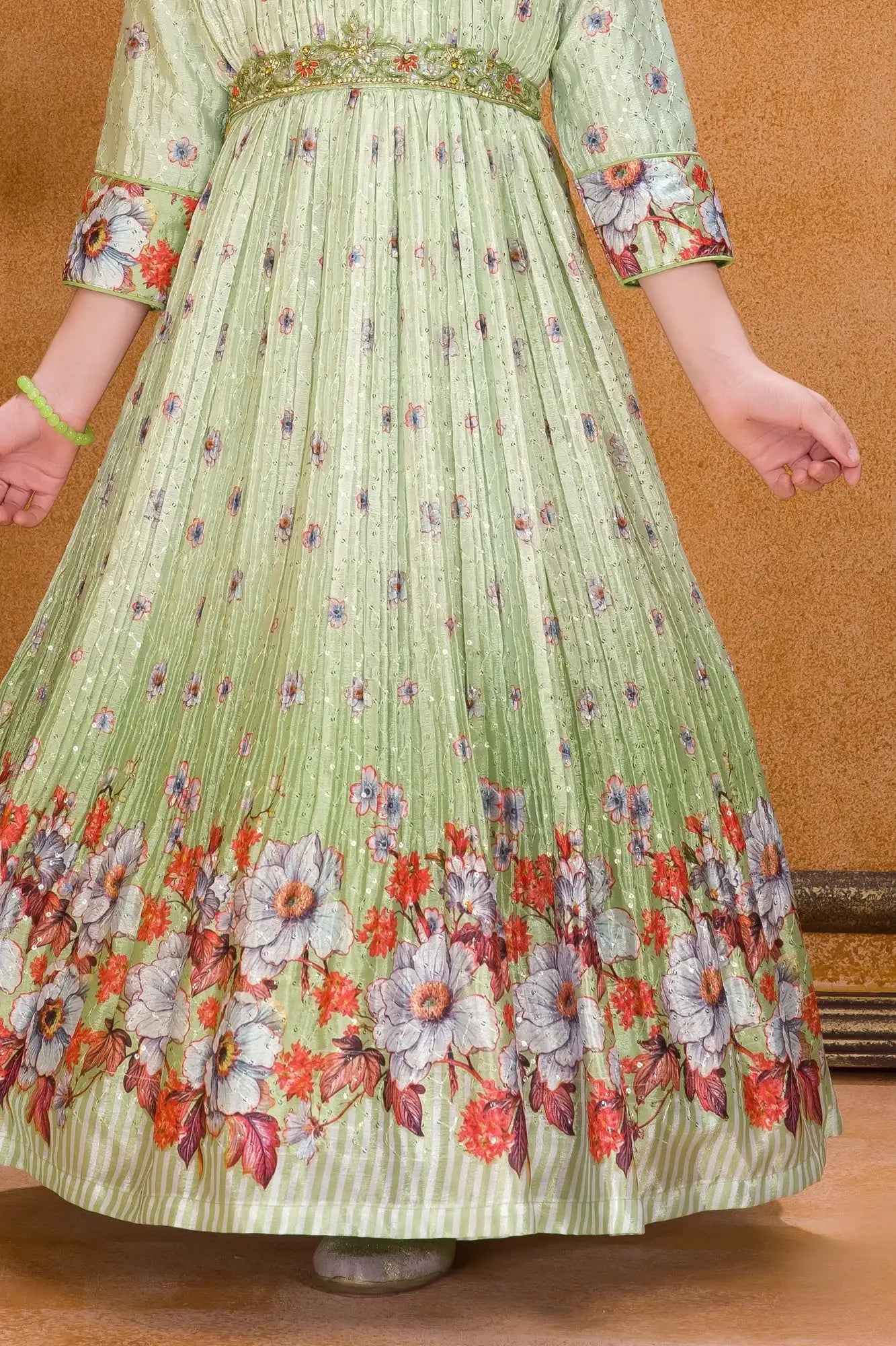 Light Green Floral Printed Ethnic Long Gown with Embellished Waist For Girls 5-6Y(24)