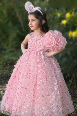 Pink Sleeveless Butterfly Embellished Gown For Girls