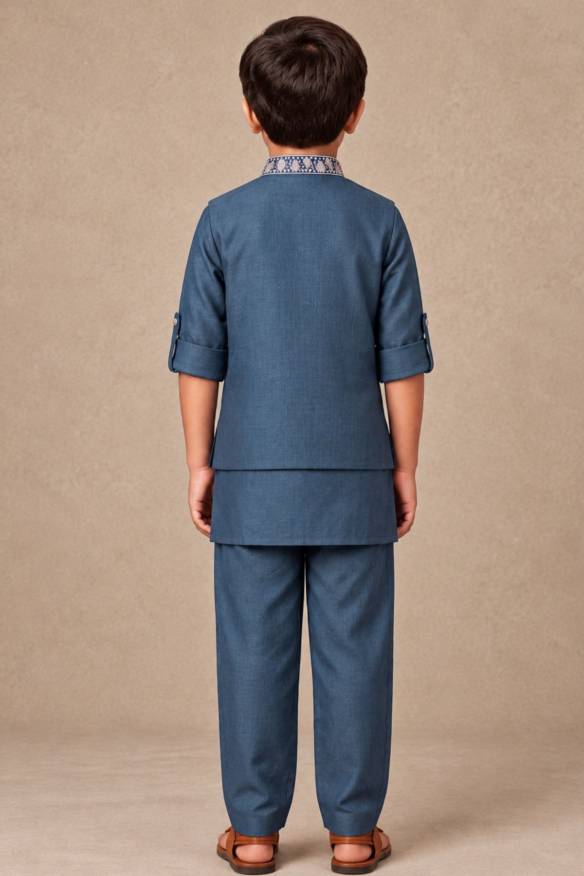 Boys Elegant Blue Embroidered Kurta Set With Nehru Jacket