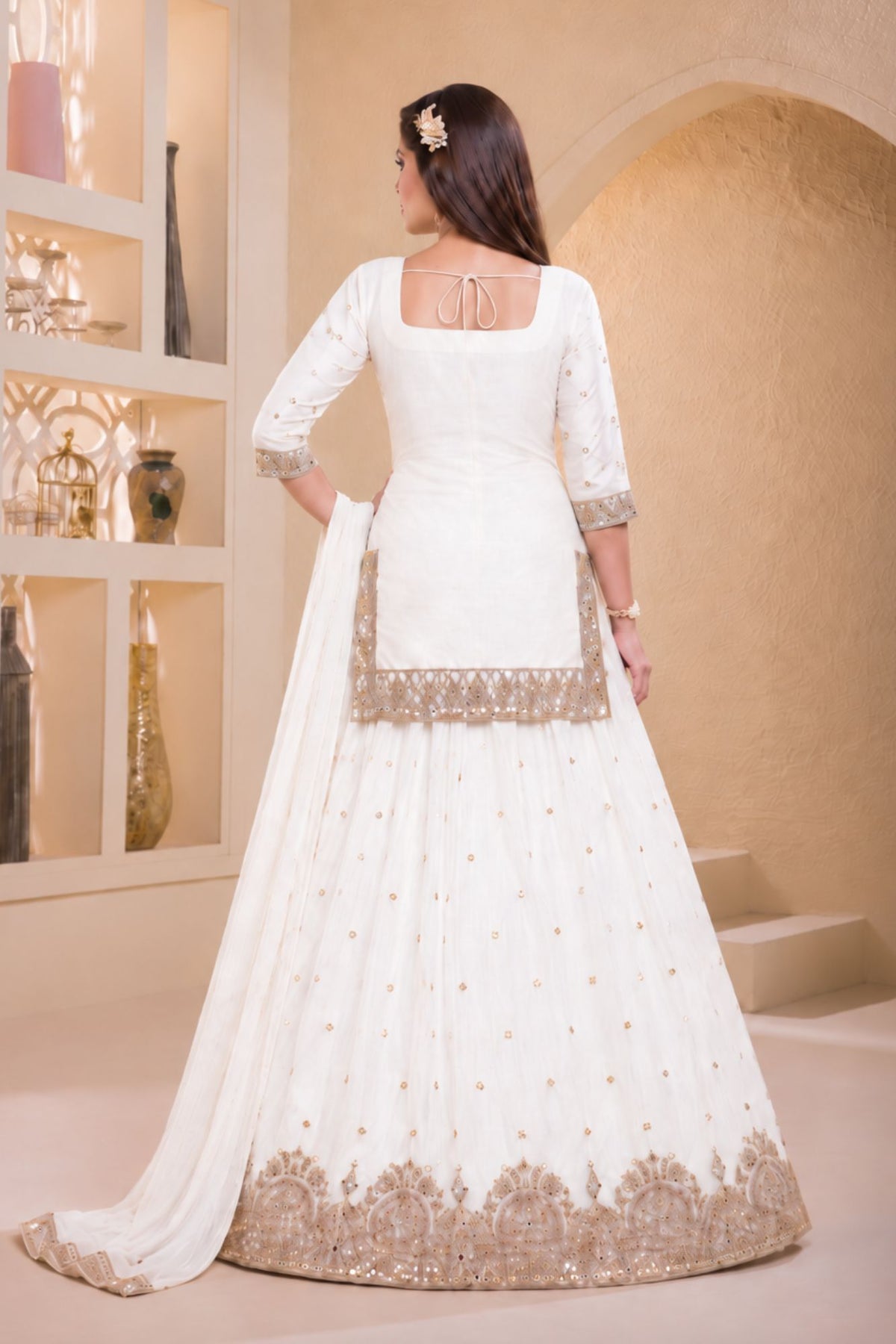 Girls Ivory Gold Embellished Lehenga Choli Set With Dupatta
