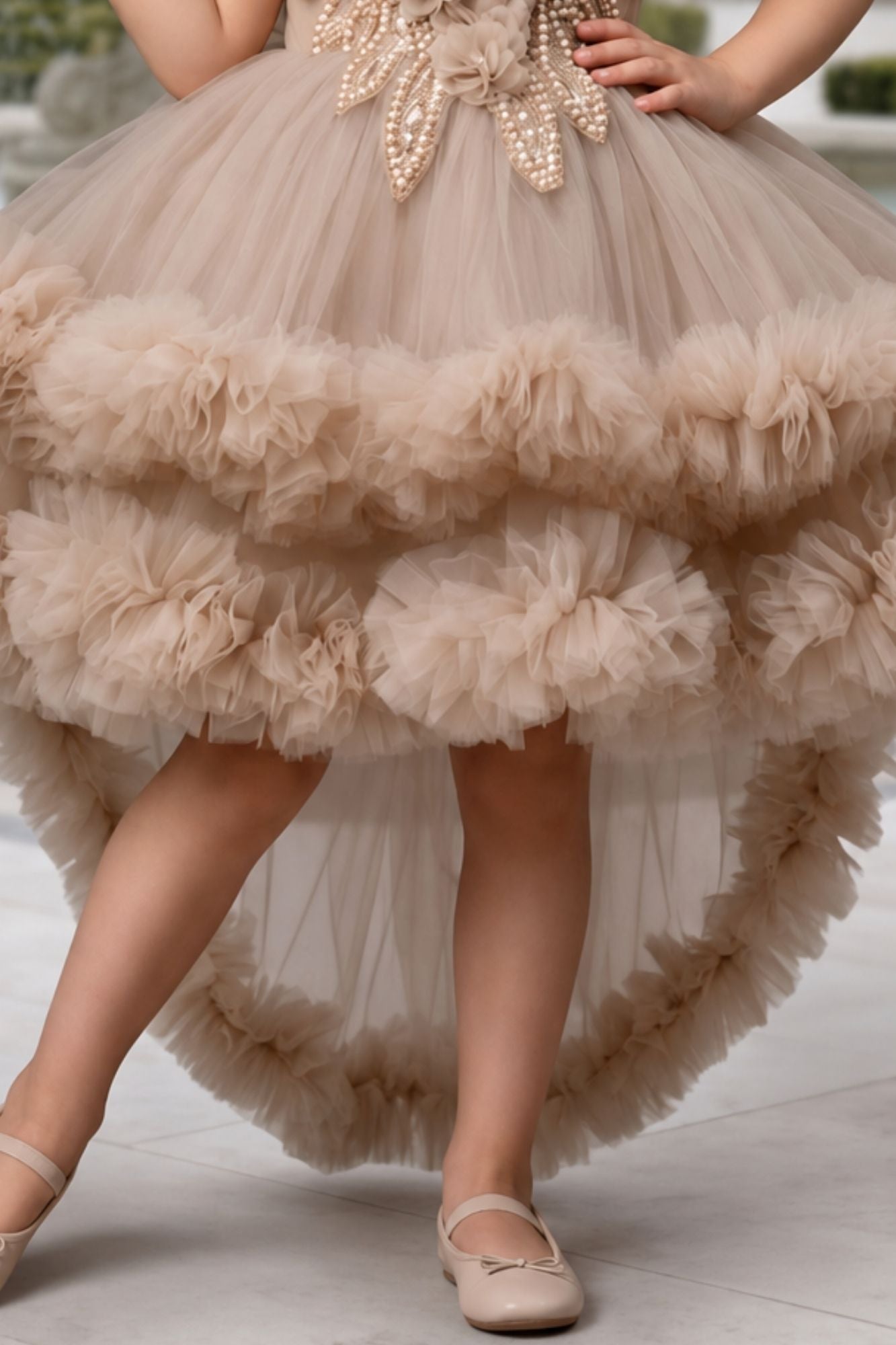 Girls Beige Ruffle Tailback Party Dress with Pearl And 3D Floral Work